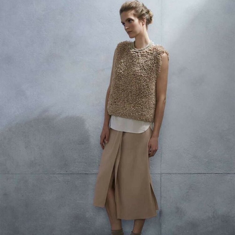 $2650 BRUNELLO CUCINELLI CASHMERE FRINGE SLEEVELESS SWEATER/TOP GOLD SHIMMER